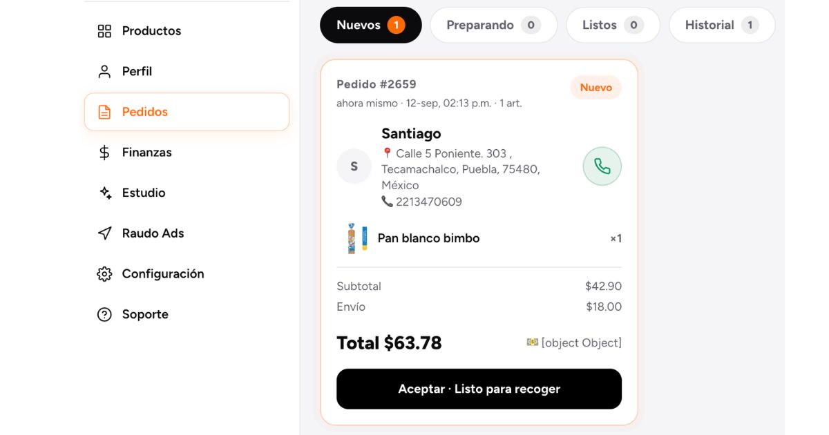 Pedidos en Raudo Comercios